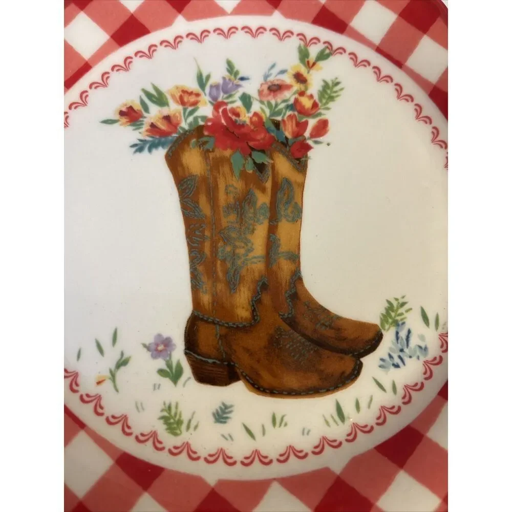 Four (4) Pioneer Woman ~ Gingham Edge w/Cow Pattern ~ 7
